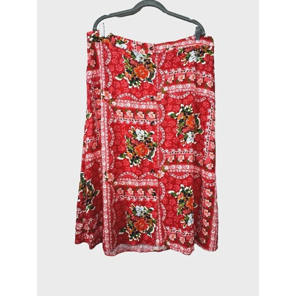 Euro Summer Red Floral Maxi XXL Skirt Button Down Cottagecore Amalfi Coastal Fit - Picture 1 of 9